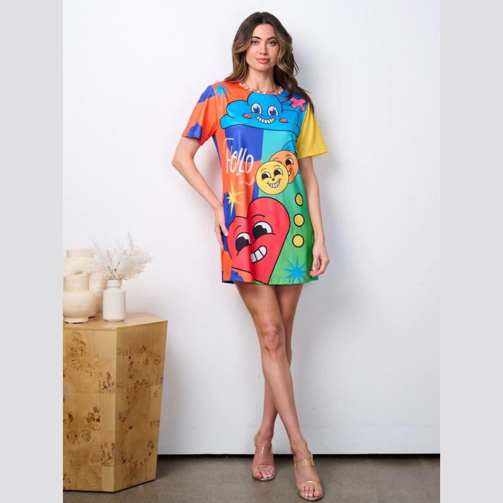 Denim Love Graphic Smiley Face Dress
